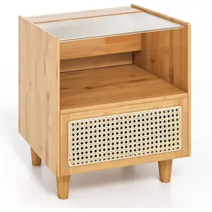 Comparateur de prix : COSTWAY Table de Chevet en Bambou avec Tiroir, Plateau en Verre, Desig...
