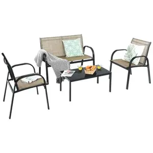 COSTWAY 4 Pcs Salon de Jardin en Textilène - Ensemble Table en Verre T... pas cher