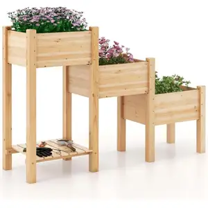 COSTWAY Jardinière Surélevée en Bois de Sapin -3 Bacs à Fleurs Trous d...