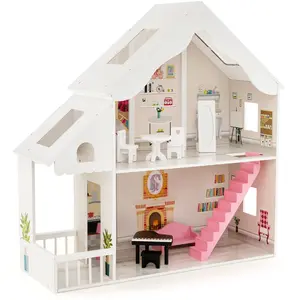 Comparateur de prix : Maison de Poupée COSTWAY - 8 Meubles, 2 Etages 81 x 30 x 86 cm - Blanc