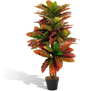 Plante Artificielle de Croton - COSTWAY - H100 CM - Feuilles Panachées Colorées - Tronc en Bois NaturelVendu parcdiscount