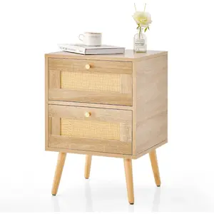 COSTWAY Table de Chevet en Rotin, 2 Tiroirs et 4 Pieds en Pin, Porte C... pas cher