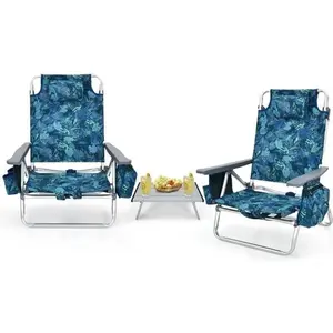 COSTWAY Ensemble 3 pcs de 2 Chaises de Camping Plage Pliante et Table Enroulable, Appui-tête, Dossier Réglable à 5 Positions