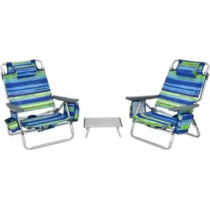 COSTWAY Ensemble 3 pcs de 2 Chaises de Camping Plage Pliante et Table Enroulable, Appui-tête, Dossier Réglable à 5 Positions, Bleu