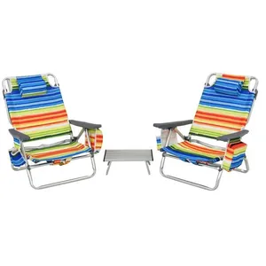 COSTWAY Ensemble 3 pcs de 2 Chaises de Camping Plage Pliante et Table Enroulable, Appui-tête, Dossier Réglable à 5 Positions, Jaune