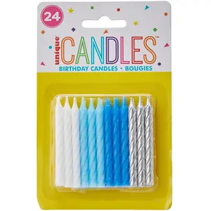 Unique 24 Bougies d'anniversaire bleues, blanches et argentées 7 cm pas cher