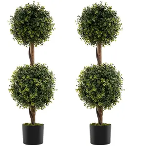 CostwayLot de 2 Arbres Artificiels Topiaire 90cm avec Double Boule Fau... pas cher