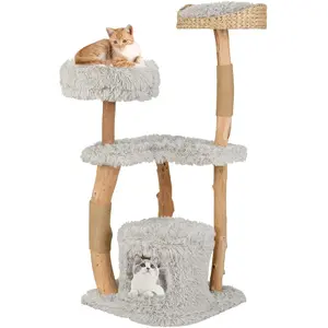CostwayArbre à Chat en Bois 124 CM avec Perchoir Supérieur en Quenouilles et Condo Tour à Chat avec Coussin Moelleux Confortable Gris pas cher