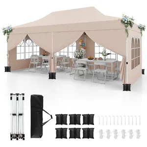 CostwayPavillon Pliant 3 x 6 m avec 6 Parois Latérales Amovibles et Sacs de Sable Beige pas cher