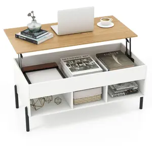 CostwayTable Basse Plateau Relevable avec 3 Compartiments et Rangement Caché Table de Salon à Pied en Métal avec Levage Pneumatique Blanc pas cher