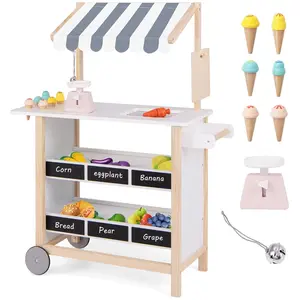 CostwayChariot à Crème Glacée en Bois pour Enfants avec Étagères d'Épi... pas cher