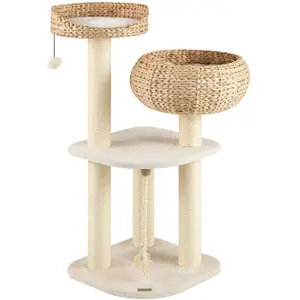 CostwayArbre à Chat 45 x 45 x 104 CM avec Pompon Suspendu Corde et Griffoirs Enveloppés de Sisal Naturel pour Chat/Chaton Blanc
