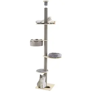 CostwayArbre à Chat du Sol au Plafond avec Hauteur Ajustable de 236-271 CM Tour à 5 Niveaux avec Perchoir Lit Douillet Hamac Poteaux à Griffer Gris