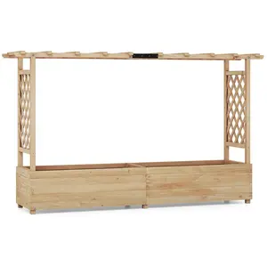 CostwayJardinière avec 2 Treillis Latéraux Toit Suspendu en Bois de Sapin avec Trou de Drainage Lit de Jardin Surélevé 200,5x113,5x44cm Naturel pas cher