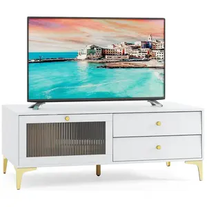 Costway Meuble Tv Pour Tv 55" Avec Porte Et 2 Tiroirs, Porte En Verre ... pas cher
