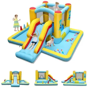 GOPLUS Château Gonflable pour Enfants 3-10 Ans avec Toboggan/Trampoline/Pani de Basketsans SouffleurCharge 90KGVendu parcdiscount