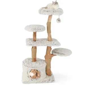 CostwayArbre à Chat Moderne Tour pour Chat en Bois Naturel de 135 cm de Haut avec Poteaux à Gratter en Jute Perchoir en Peluche Condo