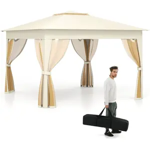 CostwayTonnelle de Jardin 337 x 337 CM avec Filet en Maille 4 Côtés Instantanée à Double Toit avec Sac de Transport Protection Solaire Beige pas cher