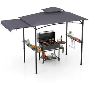 CostwayTonnelle de Barbecue 318 x 153 cm avec Auvent Latéral Abri Barbecue Cadre en Métal avec Dessus à 2 Niveaux 2 Etagères Gris Foncé pas cher