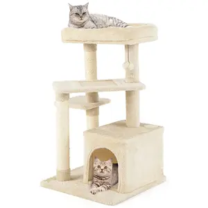 CostwayArbre à Chat 85 CM avec Condo et Poteaux en Sisal Tour à Chat à 4 Niveaux avec Balle Suspendue et Perchoir Beige pas cher