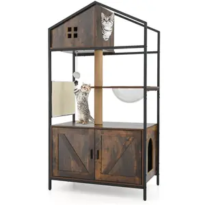 CostwayMeuble pour Chat avec Compartiment Bac à Litière Poteaux à Grat... pas cher