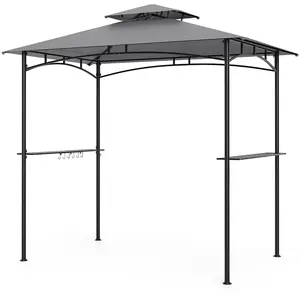 CostwayTonnelle de Barbecue 242 x 150 cm avec 2 Etagères Latérales Abri Barbecue à Deux Niveaux Cadre en Métal avec Toit Souple 6 Crochets Gris