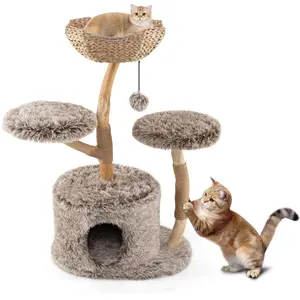 CostwayArbre à Chat 105 cm avec Tronc en Bois de Poirier Massif Percho... pas cher