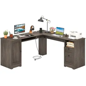 CostwayBureau d'Ordinateur en Forme de L de 168 cm avec Prises de Cour... pas cher