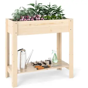 CostwayJardin surélevé avec étagère Jardinière en bois avec drainage 8... pas cher