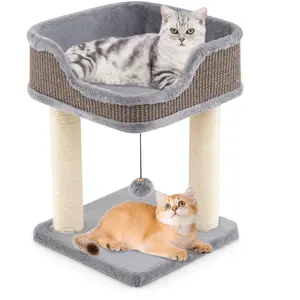 CostwayPetit Arbre à Chat d'Intérieur Tour pour Chat avec Perchoir en Peluche Confortable Poteaux à Griffer en Sisal Balle Suspendue Gris pas cher