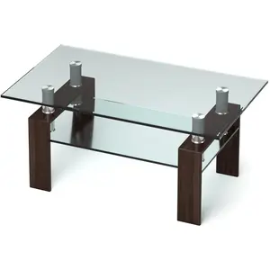 CostwayTable Basse en Verre Design avec Etagère Plateau en Verre Trempé Tube en Acier Inoxydable Pied en Acier 99x60x44,5CM Jusqu’à 130KG Brun pas cher