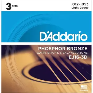 Comparateur de prix : D'Addario 3 Jeux de cordes pour Guitare acoustique P-Bronze Light 12-53 - EJ16-3D