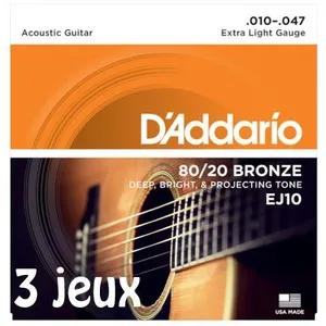 Comparateur de prix : D'Addario EJ10-3D bronze Extra Light, 10-47, 3 jeux - jeu guitare acoustique