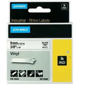 DYMO 18443 Rhino Ruban Vinyl Coloré Blanc sur Noir 9mm x 5.5m pas cher