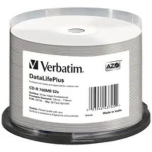 Comparateur de prix : Verbatim 43745 52x CD-R DataLifePlus jet d'encre professionnelle - 50 Pack Spindle