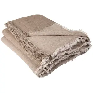 Maison de Vacances - Plaid vice versa frangé en lin lavé froissé  Taupe/Ciment 140x250 pas cher