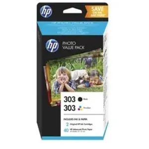 Comparateur de prix : HP 303 Black/Tri-color Photo Value Pack-40 sht/10 x 15 cm cartouche d'...