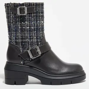Stuart Weitzman - Boots en Cuir & Tweed Ryder Rise noires - Talon 7,5 ...