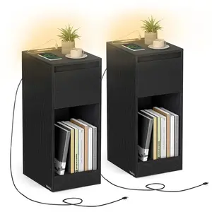 VASAGLE Table de chevet étroite avec LED ports USB tiroir, Noir Boisé / 2 pas cher