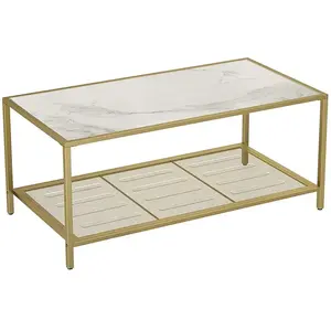 VASAGLE Table basse avec dessus en verre, Doré + Effet Marbre pas cher