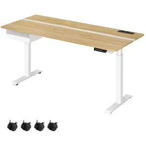 Comparateur de prix : VASAGLE Bureau Électrique Réglable en Hauteur, Multiprise, Tiroir, 70 x 160 cm, Réglable en Continu, Couleur Chêne Naturel et Blanc Nuage