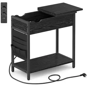 VASAGLE Table d’appoint avec multiprise et ports USB, Noir Boisé pas cher