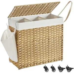 SONGMICS Panier à linge avec roulettes 3 compartiments, Couleur Boisée / 66 x 33 x 66 cm pas cher