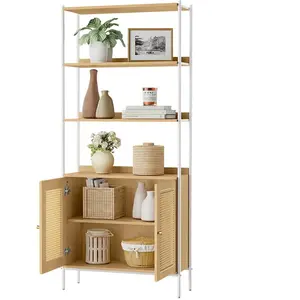VASAGLE Bibliothèque à 6 niveaux porte imitation rotin, Beige Chêne + Blanc Perle / Rotin PE pas cher