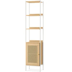 VASAGLE Bibliothèque à 6 Niveaux, avec Porte Imitation Rotin, Style Bohème, Tablette Réglable, Salon, Beige Chêne et Blanc Perle pas cher