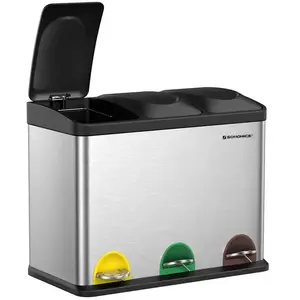 SONGMICS Poubelle de cuisine 3 compartiments, Acier Inoxydable + Noir pas cher