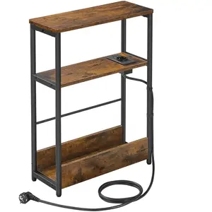 Comparateur de prix : VASAGLE Table d’appoint fine avec multiprise 3 niveaux, Marron Rustique + Noir D’encre