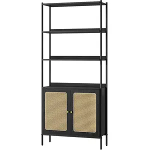 VASAGLE Bibliothèque à 6 niveaux porte imitation rotin, Noir Boisée + Noir Mat / Rotin PE pas cher