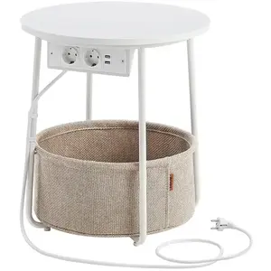 Comparateur de prix : VASAGLE Petite table basse ronde avec rangement, Blanc Mat + Marron Camel / avec prise électrique