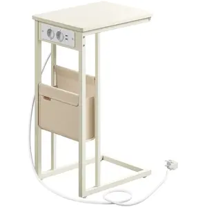 Comparateur de prix : VASAGLE Table d’appoint en forme de c 2 ports usb et prises, Blanc Crème